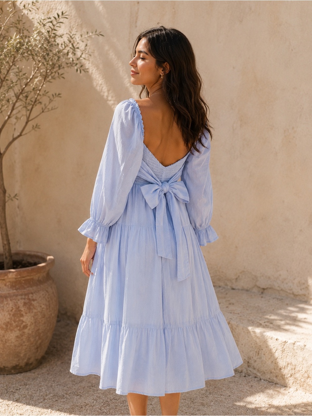 Blue Swiss Dot Bow Back Cottagecore Dress | Puff Sleeve Midi Dress